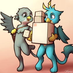 Size: 2000x2000 | Tagged: safe, artist:ohemo, character:gabby, character:gallus, species:griffon, newbie artist training grounds, atg 2020, bipedal, cute, duo, female, gabbybetes, gallabetes, gradient background, helping, male, package, semi-anthro