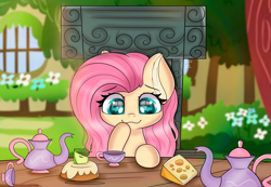 Size: 5787x3996 | Tagged: safe, artist:janelearts, character:fluttershy, species:pony, absurd resolution, cake, cheese, cute, female, food, shyabetes, solo, teapot