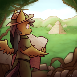 Size: 2000x2000 | Tagged: safe, artist:ohemo, character:daring do, species:anthro, species:pegasus, species:pony, newbie artist training grounds, atg 2020, clothing, explorer, explorer outfit, female, high res, map, pyramid, solo, temple
