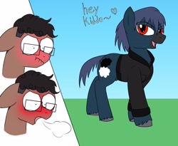 Size: 2800x2300 | Tagged: safe, artist:wolftendragon, oc, species:earth pony, species:pony, animal crossing, blushing, blushing profusely, dialogue, earth pony oc, glasses, roscoe, simp, simping, wide eyes