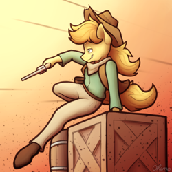 Size: 2000x2000 | Tagged: safe, artist:ohemo, character:braeburn, species:anthro, species:earth pony, species:pony, newbie artist training grounds, atg 2020, chase, clothing, cowboy hat, gun, hat, male, pants, solo, stetson, weapon