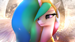 Size: 3840x2159 | Tagged: safe, artist:lunar57, character:princess celestia, species:alicorn, species:pony, 3d, beautiful, bust, canterlot, cute, cutelestia, dust motes, female, floppy ears, horn, lidded eyes, light, looking at something, mare, no catchlights, portrait, pretty, smiling, solo, source filmmaker, spread wings, sunlight, uhd wallpaper, wallpaper, wing fluff, wings