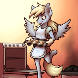 Size: 2000x2000 | Tagged: safe, artist:ohemo, character:derpy hooves, species:anthro, species:unguligrade anthro, newbie artist training grounds, apron, atg 2020, baking, clothing, cute, derpabetes, food, muffin, open mouth, shirt, skirt