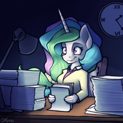 Size: 2000x2000 | Tagged: safe, artist:ohemo, character:princess celestia, species:alicorn, species:anthro, species:pony, newbie artist training grounds, atg 2020, clothing, cute, cutelestia, lamp, necktie, paper, paperwork, suit, thousand yard stare