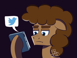 Size: 1687x1288 | Tagged: safe, artist:feralroku, oc, oc only, oc:strong runner, species:earth pony, species:pony, cellphone, floppy ears, frown, meta, phone, smartphone, solo, thick eyebrows, twitter, unamused