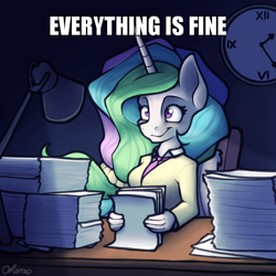 Size: 600x600 | Tagged: safe, artist:ohemo, edit, character:princess celestia, species:alicorn, species:anthro, species:pony, newbie artist training grounds, atg 2020, blatant lies, caption, cute, cutelestia, image macro, lamp, meme, paper, paperwork, text, this is fine, thousand yard stare