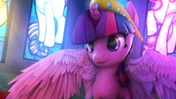 Size: 3840x2160 | Tagged: safe, artist:lunar57, character:twilight sparkle, character:twilight sparkle (alicorn), species:alicorn, species:pony, 3d, beautiful, beautiful eyes, big crown thingy, cute, element of magic, female, high res, horn, jewelry, looking at something, pretty, rainbow, regalia, solo, source filmmaker, spread wings, twiabetes, wallpaper, wings