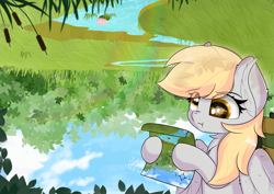 Size: 5787x4092 | Tagged: safe, artist:janelearts, character:derpy hooves, species:pegasus, species:pony, :t, absurd resolution, chest fluff, confused, creek, derp, ear fluff, female, map, solo, upside down
