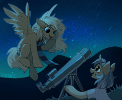 Size: 3657x3000 | Tagged: safe, artist:trickate, oc, oc only, oc:mirta whoowlms, oc:trickate, species:pegasus, species:pony, species:unicorn, clothing, duo, female, flying, looking at each other, mare, night, scarf, shirt, stargazing, stars, t-shirt, telescope