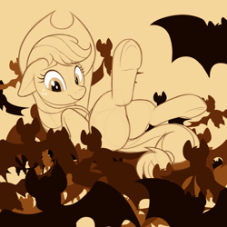 Size: 1280x1280 | Tagged: safe, artist:suspega, character:applejack, species:bat, species:earth pony, species:pony, applejack's hat, carrying, clothing, cowboy hat, female, flock, floppy ears, flying, hat, legs in air, monochrome, nervous, on back, solo, stetson, surprised, tan background, underhoof