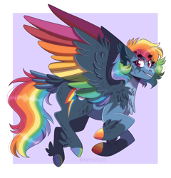 Size: 1024x1068 | Tagged: safe, artist:wanderingpegasus, character:rainbow dash, cheek fluff, chest fluff, colored hooves, colored wings, multicolored wings, rainbow wings, redesign, tail feathers, wings