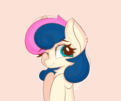 Size: 4479x3724 | Tagged: safe, artist:janelearts, character:bon bon, character:sweetie drops, species:earth pony, species:pony, adorabon, bust, chest fluff, cute, ear fluff, female, hnnng, looking at you, mare, one eye closed, pink background, portrait, simple background, solo, wink