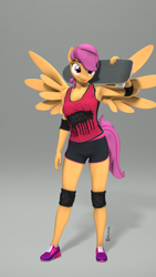 Size: 1080x1920 | Tagged: safe, artist:spinostud, character:scootaloo, species:anthro, species:pegasus, species:pony, 3d, beautiful, beautisexy, clothing, elbow pads, gym shorts, knee pads, nail polish, orange fur, orange wings, pose, purple eyes, purple mane, purple shoes, purple tail, sexy, shadow, shoes, short hair, shorts, side slit, skateboard, sneakers, source filmmaker, sports shorts, spread wings, standing, tank top, teenager, tongue out, watermark, wings