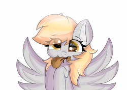 Size: 2560x1810 | Tagged: safe, artist:janelearts, character:derpy hooves, species:pegasus, species:pony, cute, derpabetes, female, mare, money bag, mouth hold, simple background, solo, spread wings, white background, wings