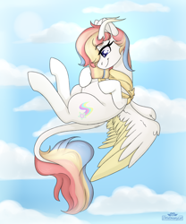 Size: 2500x3000 | Tagged: safe, artist:dreamy, artist:littledreamycat, oc, oc:rainbow dreams, species:pegasus, species:pony, belly, commission, female, floating, flying, hoof on belly, horn, leonine tail, looking at belly, mare, multicolored hair, pregnant, rainbow hair, ribbon, sky, two toned wings, wings