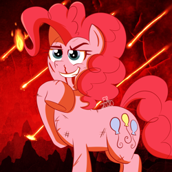 Size: 1500x1500 | Tagged: safe, artist:feralroku, character:pinkie pie, species:earth pony, species:pony, abuse, blood, female, fire, mane on fire, nosebleed, pinkiebuse, raised eyebrow, raised hoof, smiling, solo, wiping