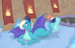 Size: 6000x3804 | Tagged: safe, artist:comfyplum, character:princess ember, oc, oc:preelix, species:dragon, absurd resolution, banner, bloodstone scepter, cave, dragon lord ember, fanfic art, female, giant dragon, giantess, interior, macro, older, open mouth, size difference, smiling, spread wings, throne, wings