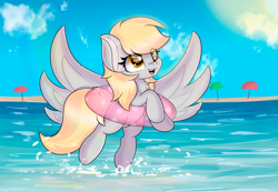 Size: 5787x3996 | Tagged: safe, artist:janelearts, character:derpy hooves, species:pegasus, species:pony, ocean, open mouth, summer, sun, umbrella, water