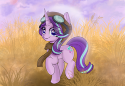 Size: 5787x3996 | Tagged: safe, artist:janelearts, character:starlight glimmer, species:pony, species:unicorn, aviator goggles, aviator hat, clothing, cute, female, glimmerbetes, goggles, grass, grass field, hat, high res, looking at you, pilot glasses, pilot helmet, raised hoof, scarf, smiling, smiling at you, solo, transparent mane