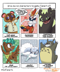 Size: 1715x2048 | Tagged: safe, artist:floofyfoxcomics, character:spur, species:anthro, species:dragon, species:pegasus, species:pony, animal crossing, anthro with ponies, cinderace, clothing, crossover, female, filly, freckles, grin, how to train your dragon, looking back, male, my neighbor totoro, neckerchief, pokémon, raccoon, raised hoof, six fanarts, smiling, tom nook, toothless the dragon, totoro, vulpix