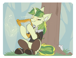Size: 3933x3000 | Tagged: safe, artist:trickate, oc, oc only, species:pony, species:unicorn, clothing, ear fluff, eyes closed, female, glasses, hat, lyre, mare, mouse, musical instrument, shoes, sitting, smiling, socks, solo, tree