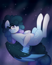 Size: 2000x2500 | Tagged: safe, artist:dreamy, artist:littledreamycat, oc, oc:stellar constellation, species:pegasus, species:pony, belly, commission, ethereal mane, flying, galaxy mane, hoof on belly, night, nightsky, pregnant, thinking, two toned wings, wings