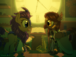 Size: 800x600 | Tagged: safe, artist:rangelost, oc, oc only, species:hippogriff, species:kirin, book, clock, clothing, duo, female, hippogriff oc, kirin oc, looking at each other, musical instrument, pixel art, saxophone, smiling