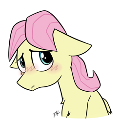 Size: 2000x2000 | Tagged: safe, artist:fakskis, character:fluttershy, species:pegasus, species:pony, adorascotch, blushing, butterscotch, chest fluff, cute, floppy ears, folded wings, high res, looking at you, male, rule 63, rule63betes, signature, simple background, solo, stallion, white background, wings