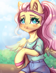 Size: 2000x2600 | Tagged: safe, artist:zefirka, character:fluttershy, species:pegasus, species:pony, alternate hairstyle, blushing, clothing, cute, ponytail, semi-anthro, shyabetes