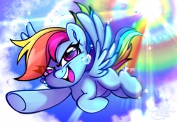 Size: 3078x2118 | Tagged: safe, artist:techycutie, character:rainbow dash, species:pegasus, species:pony, g4, my little pony: friendship is magic, cloud, dive, double rainboom, female, flying, lightly watermarked, open mouth, rainbow trail, sky, solo, sonic rainboom, sun, water droplet, watermark
