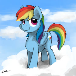 Size: 1000x1000 | Tagged: safe, artist:gasmaskfox, character:rainbow dash, species:pegasus, species:pony, cloud, female, mare, on a cloud, sky, solo