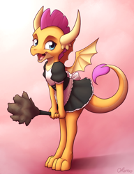 Size: 3000x3900 | Tagged: safe, artist:ohemo, character:smolder, species:dragon, abstract background, clothing, cute, dragoness, duster, female, happy, high res, maid, open mouth, outfit, smolderbetes, solo
