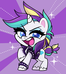 Size: 714x805 | Tagged: safe, artist:techycutie, character:rarity, species:pony, species:unicorn, my little pony:pony life, alternate hairstyle, bracelet, clothing, g4 to g4.5, jacket, jewelry, open mouth, punk, punkity