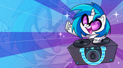 Size: 1450x805 | Tagged: safe, artist:techycutie, character:dj pon-3, character:vinyl scratch, species:pony, species:unicorn, my little pony:pony life, dj booth, female, mare, open mouth, solo, turntable, vinyl disc, zoom layer