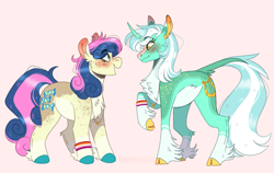 Size: 1213x768 | Tagged: safe, artist:wanderingpegasus, character:bon bon, character:lyra heartstrings, character:sweetie drops, species:classical unicorn, species:earth pony, species:pony, species:unicorn, ship:lyrabon, g4, alternate hairstyle, blushing, canon ship, chest fluff, cloven hooves, ear blush, ear fluff, female, freckles, jewelry, leg fluff, leonine tail, lesbian, lesbian pride flag, looking at each other, mare, markings, married couple, necklace, open mouth, pale belly, pink background, pride, pride flag, raised hoof, redesign, ring, shipping, simple background, socks (coat marking), unshorn fetlocks, wedding ring, wristband