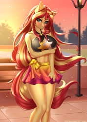 Size: 2850x4000 | Tagged: safe, artist:anxiety-chan, character:sunset shimmer, species:anthro, species:unicorn, g4, adorasexy, arm under breasts, bench, black swimsuit, blushing, breasts, busty sunset shimmer, clothing, cute, cutie mark swimsuit, ear fluff, eyebrows, eyebrows visible through hair, female, jeweled swimsuit, lake, lidded eyes, long hair, looking at you, mare, park, sarong, sexy, shimmerbetes, summer sunset, swimsuit