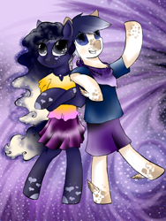 Size: 1200x1600 | Tagged: safe, artist:intfighter, oc, oc only, species:earth pony, species:pony, g4, clothing, duo, earth pony oc, ethereal mane, galaxy mane, neckerchief, semi-anthro, shorts, skirt, waving
