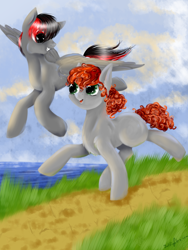 Size: 1200x1600 | Tagged: safe, artist:intfighter, oc, oc only, species:earth pony, species:pegasus, species:pony, g4, cloud, duo, earth pony oc, flying, looking back, pegasus oc, walking, wings
