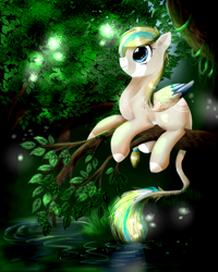 Size: 1600x2000 | Tagged: safe, artist:intfighter, oc, oc only, species:pegasus, species:pony, g4, colored hooves, leaves, leonine tail, pegasus oc, perching, pond, solo, tree, tree branch, water, wings