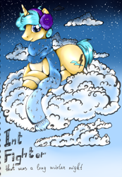 Size: 1632x2352 | Tagged: safe, artist:intfighter, oc, oc only, species:pony, species:unicorn, g4, clothing, cloud, earmuffs, night, on a cloud, prone, scarf, solo, stars, text