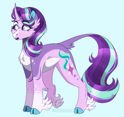 Size: 1024x968 | Tagged: safe, artist:wanderingpegasus, character:starlight glimmer, species:classical unicorn, species:pony, species:unicorn, g4, blue background, chest fluff, cloven hooves, ear fluff, female, freckles, leg fluff, leonine tail, mare, markings, open mouth, pale belly, redesign, simple background, solo, unshorn fetlocks