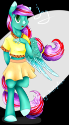 Size: 1200x2164 | Tagged: safe, artist:intfighter, oc, oc only, species:anthro, species:pegasus, species:pony, species:unguligrade anthro, g4, clothing, colored hooves, female, one eye closed, open mouth, pegasus oc, skirt, solo, wings, wink