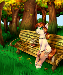 Size: 1267x1500 | Tagged: safe, artist:intfighter, oc, oc only, species:earth pony, species:pony, g4, bench, earth pony oc, forest, jewelry, leaves, necklace, outdoors, plushie, sitting, solo, tree