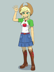Size: 1620x2160 | Tagged: safe, artist:haibaratomoe, character:applejack, species:eqg human, g4, my little pony:equestria girls, boots, clothing, cowboy hat, female, gray background, hat, looking at you, shoes, simple background, skirt, solo, wave, waving