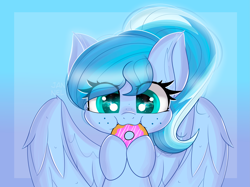 Size: 5013x3744 | Tagged: safe, artist:janelearts, oc, species:pegasus, species:pony, g4, absurd resolution, chibi, cute, donut, eating, female, food, freckles, mare, ocbetes, solo