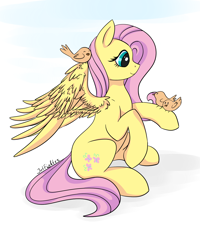 Size: 1584x1984 | Tagged: safe, artist:intfighter, character:fluttershy, species:bird, species:pegasus, species:pony, g4, cute, female, mare, perching, profile, shyabetes, sitting, smiling, spread wings, wings