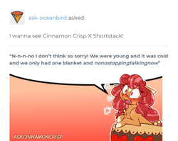 Size: 560x445 | Tagged: safe, artist:esmeia, oc, oc:cinnamon crisp, species:earth pony, species:pony, g4, ask, blushing, colored hooves, dialogue, earth pony oc, embarrassed, female, mare, open mouth, solo, speech bubble, tumblr