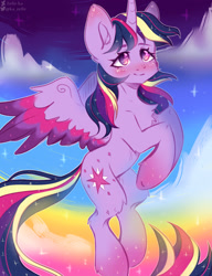 Size: 2000x2600 | Tagged: safe, artist:zefirka, character:twilight sparkle, character:twilight sparkle (alicorn), species:alicorn, species:pony, g4, cheek fluff, chest fluff, cloud, colored wings, cute, ear fluff, female, flying, high res, leg fluff, multicolored wings, rainbow power, sky, solo, twiabetes, wings