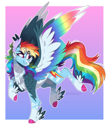 Size: 1234x1424 | Tagged: safe, artist:wanderingpegasus, character:rainbow dash, species:pegasus, species:pony, g4, alternate design, colored hooves, colored wings, digital art, feathered fetlocks, female, gradient background, looking back, mare, multicolored wings, rainbow wings, smiling, solo, spread wings, wings