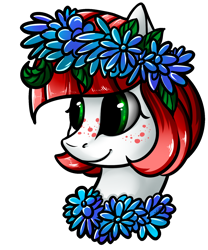 Size: 1500x1800 | Tagged: safe, artist:intfighter, oc, oc only, species:earth pony, species:pony, g4, bust, earth pony oc, floral head wreath, flower, freckles, simple background, smiling, solo, transparent background